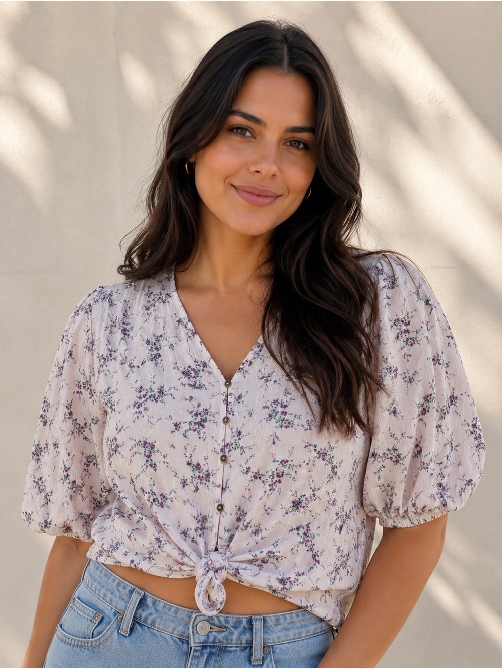 100% Rayon Tie-Front Floral Puff Sleeve Blouse in Light Cream